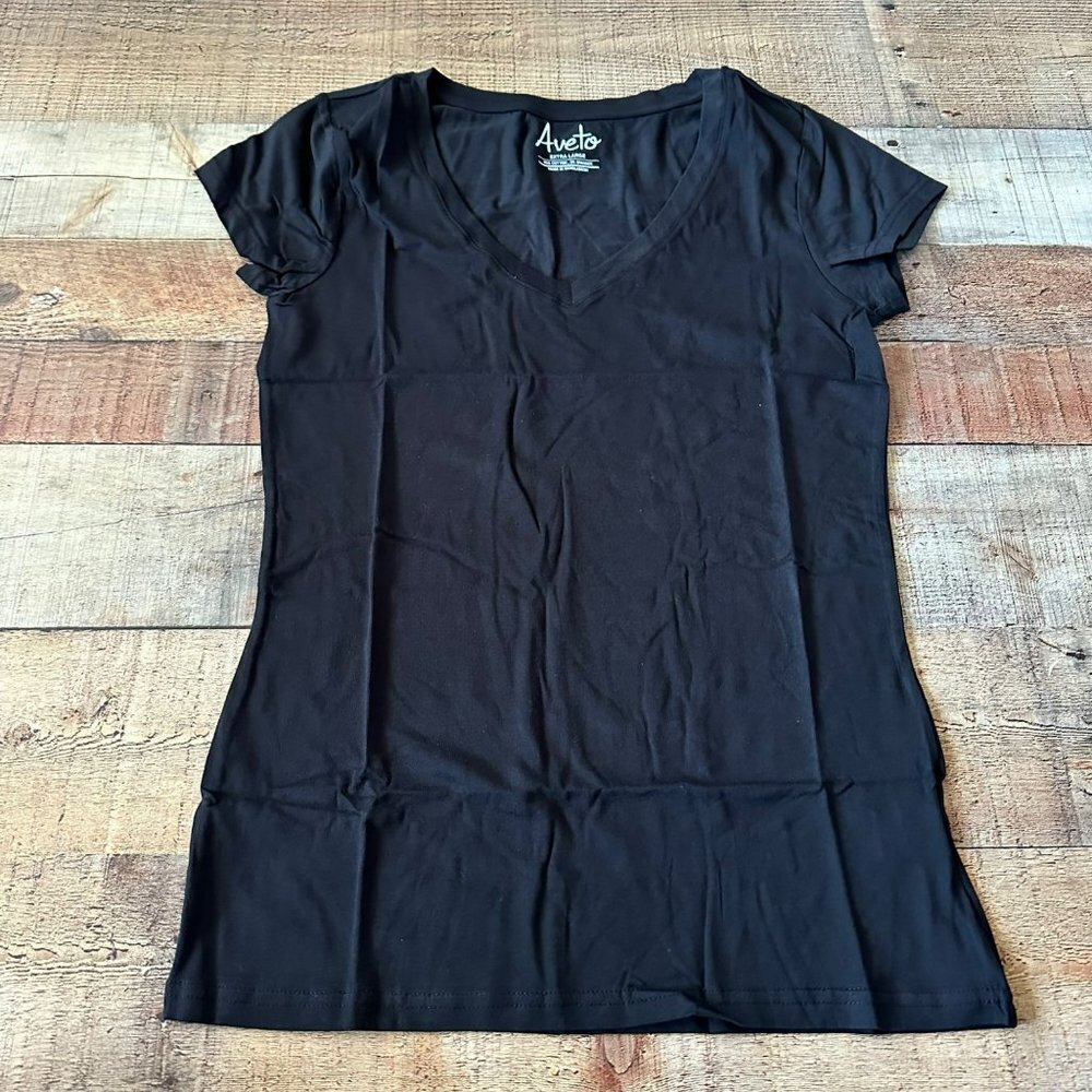 Aveto womens black short sleeve v-neck t-shirt -L